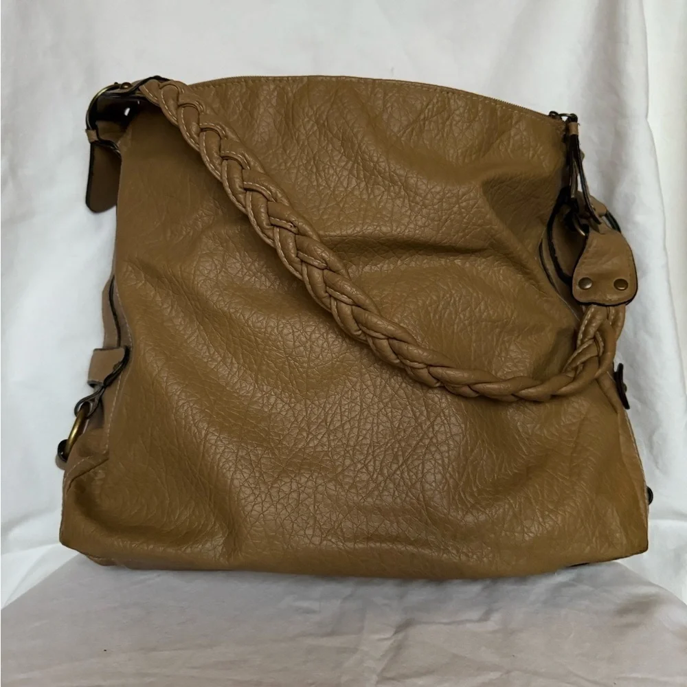 Strada Tan Beige Leather Braided Handle Boho Hobo Purse